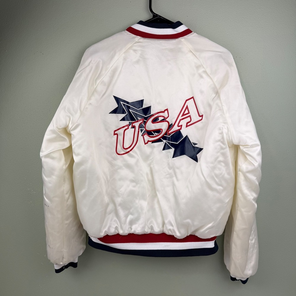 Vintage Nasco USA Satin Bomber Jacket White‎ Red Blue Stars Mens Medium Made USA